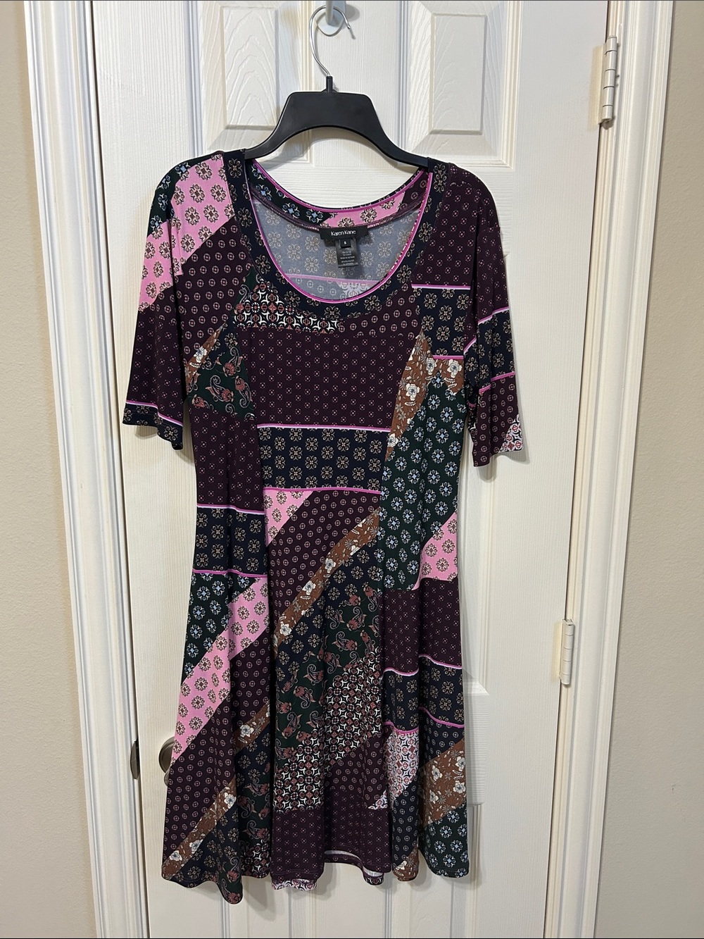 Karen Kane Patchwork Midi Dress in Purple, Pink, Brown, Green
